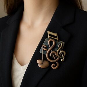 K & T Brooch Mixed Metal Vintage Music Notes 3” long 2” across